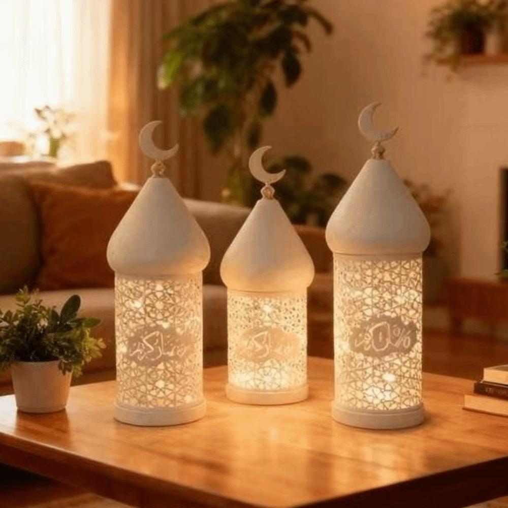 Hollow Pattern Ramadan LED Light Iron Art Battery Powered Moon LED Lamp Soft LED Light Mosque Lantern Ramadan Decoration