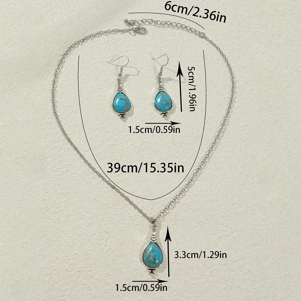 1Pcs Necklace + 1 Pair Earring Set for Women Girls Bohemia Assorted Style Antique Silver Turquoise Inlay Statement Decors Party