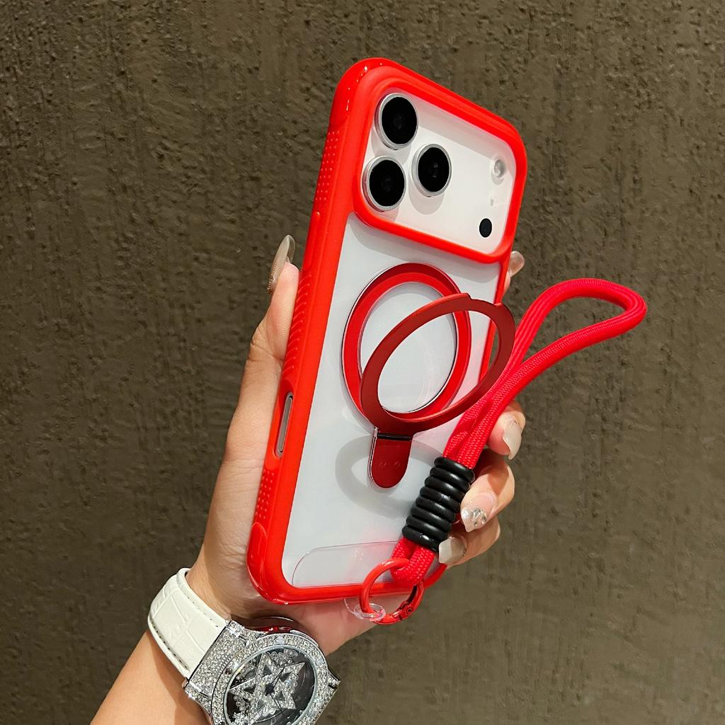 For iPhone 17 Pro Case Compatible with MagSafe Kickstand TPU PC Clear Phone Back Cover with Wrist Strap