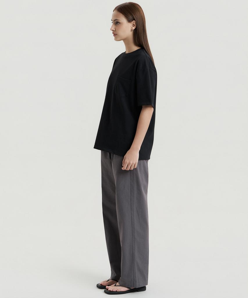 Delma W Linen Touch Semi-Wide Elastic Waist Pants - Charcoal