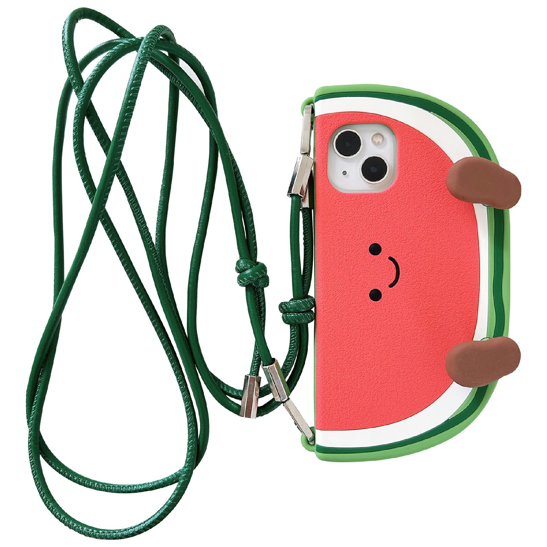 

For iPhone 15 Silicone Case Standing Watermelon Design Kickstand Shockproof Phone Cover with Shoulder Strap As Shown A
