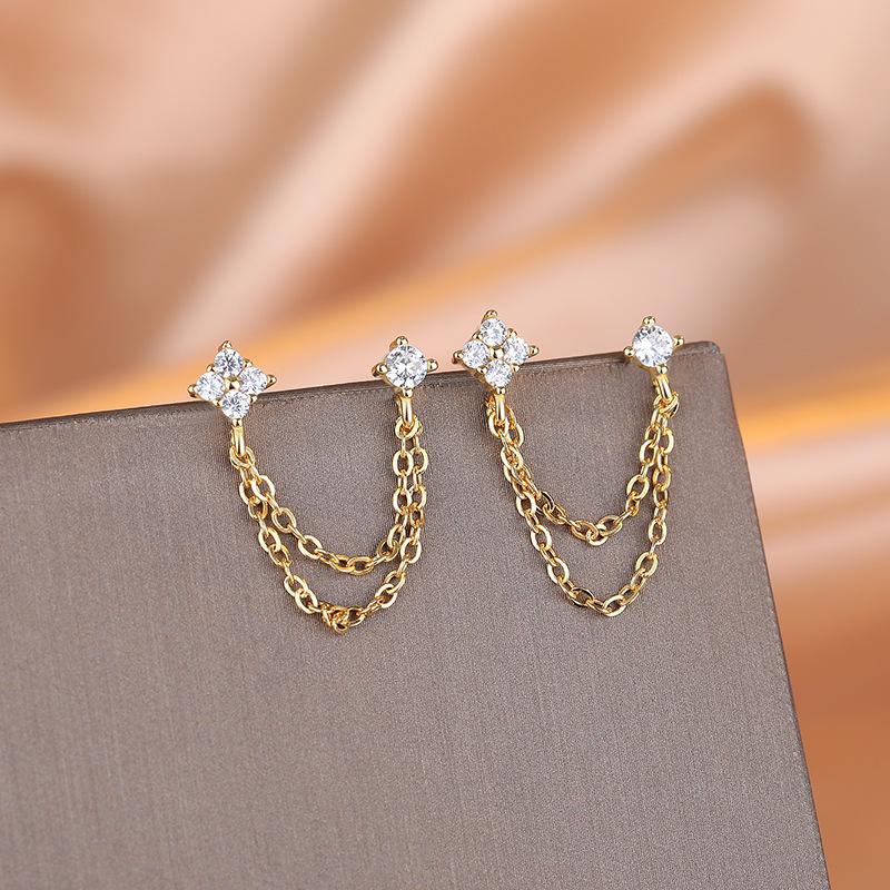Sterling Silver Earrings Women'S Multi-Earhole Stud Earrings Chain Fringed Earline Design Trendy Earbone Decoration