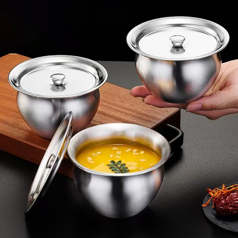 Stainless Steel Steamed Egg Bowl Ramen Rice Fruit Salad Stew Bowls With Lids Soup Cup Food Container Kitchen Tableware Supplies
