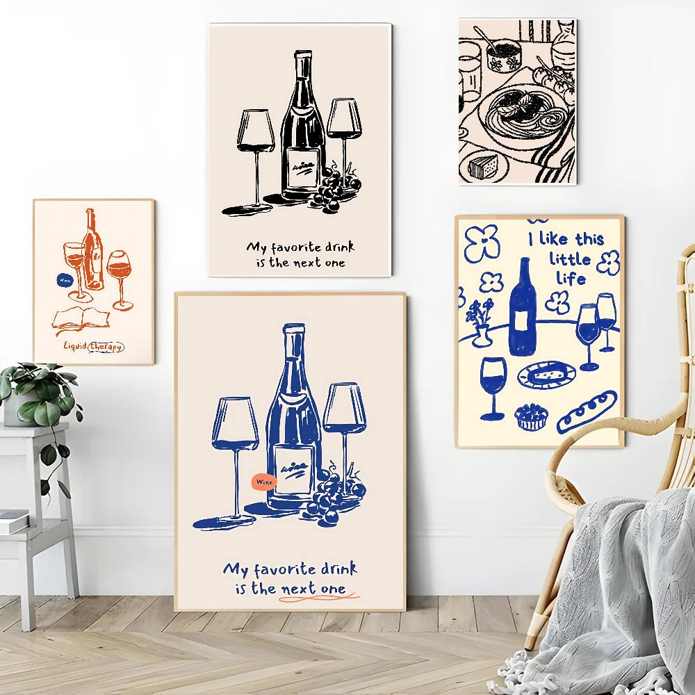 1PC Abstract Art Wine Glass Pizza Poster Self-adhesive Art Waterproof Paper Sticker Coffee House Bar Room Wall Decor