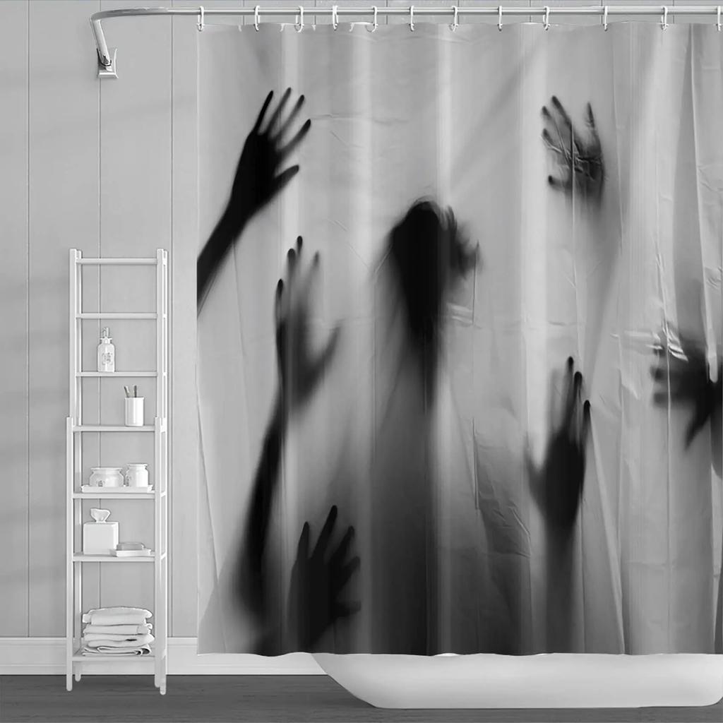 3D Halloween Theme Shower Curtain Horror Bloody Hands Black Bathroom Curtains For Halloween Party Waterproof Fabric With Hooks