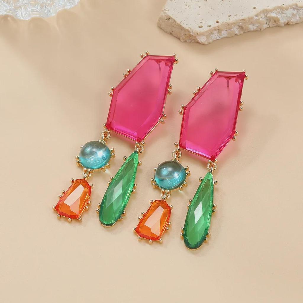 Geometric Colored Diamond Earrings - Bohemian Style for Women, European and American Inspired.