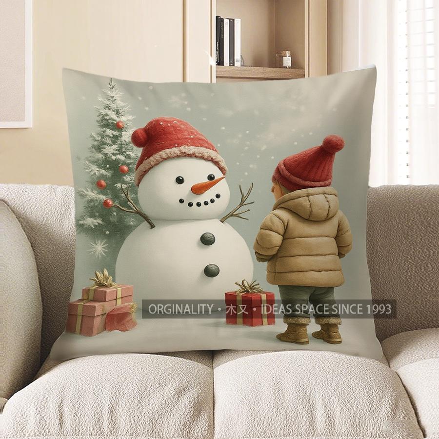 Home Decor Snowman &amp; Child Christmas Pillow Cover Pattern Cushion Cover Suitable For Sofa Bedroom Car Pillow Cover