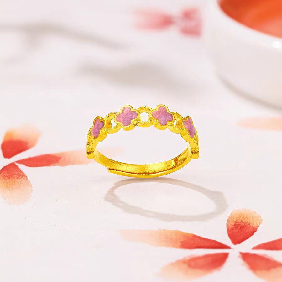 Gold Enamel Four-Leaf Clover Open Ring - Lucky, Fashionable Gift for Best Friend