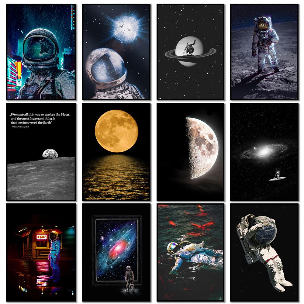 Astronaut Galaxies Wall Art Poster Moon Earth Cyberpunk Sci Fi Mural Modern Home Decor Canvas Picture Print Living Room Decorate