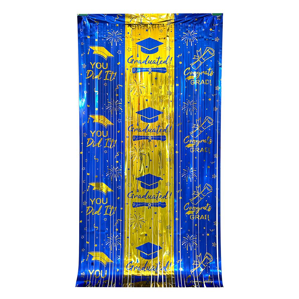 2026 Graduation Square Foil Fringe Curtain Metallic Tinsel Backdrop Door Curtain with Grad Cap Theme for Graduation Party