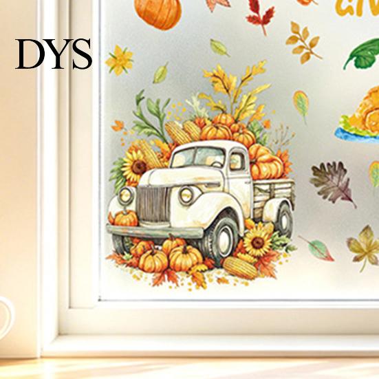 Holiday Party Supplies 4 Sheets Autumn Harvest Static Window Stickers, Maple Leaves Pumpkins Scarecrow Pickup Truck Reusable Glass Stickers