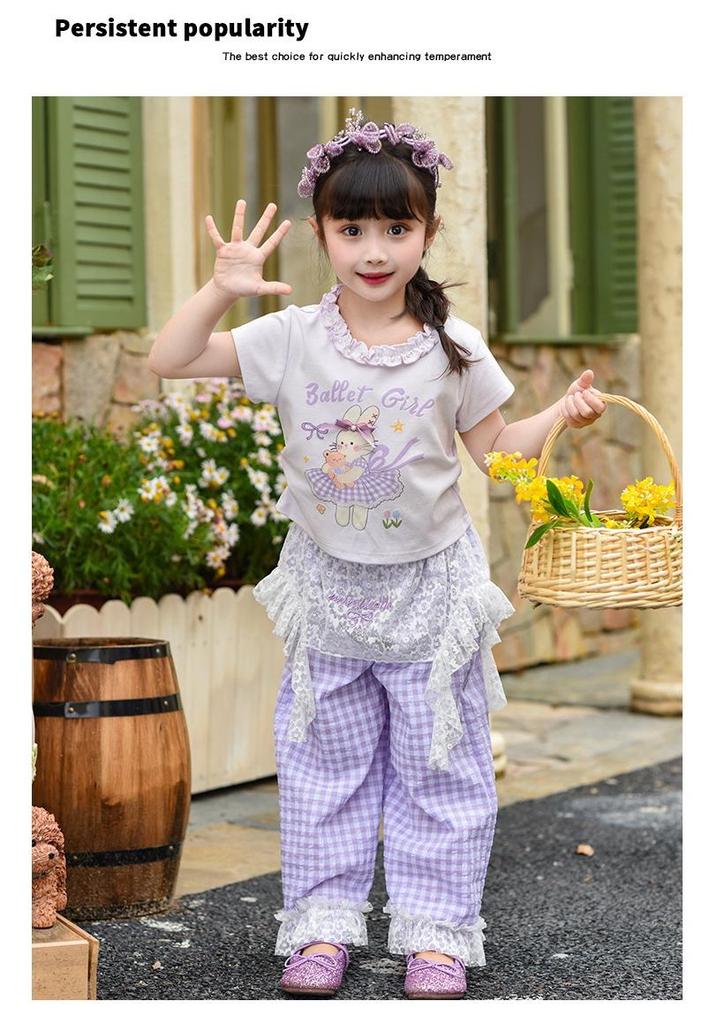 Girls' 2026 Summer Lace T-Shirt & Cake Skirt Set with Mosquito Repellent Pants