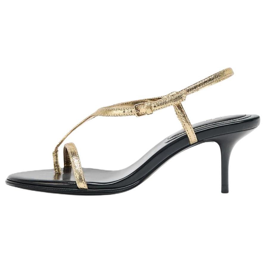 

Zara Туфли-босоножки женские на высоком каблуке с открытой пяткой, винтажные, металлизированные, с ремешком, эффект многослойности, 7 см, золото 2357510091 36