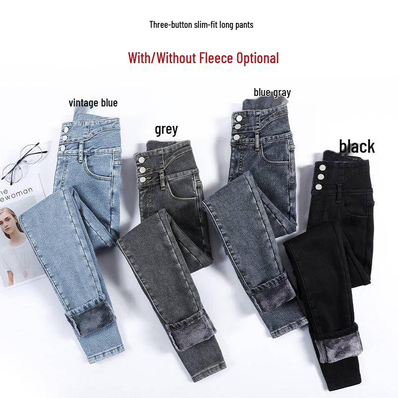 High-Waisted Thick Velvet Skinny Jeans for Women - Winter Slim Fit Stretch Jeggings