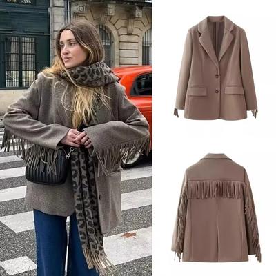 Tassel Tweed Blazer Women Office Long Sleeve Suit Jacket Autumn and Winter Streetwear Outerwear