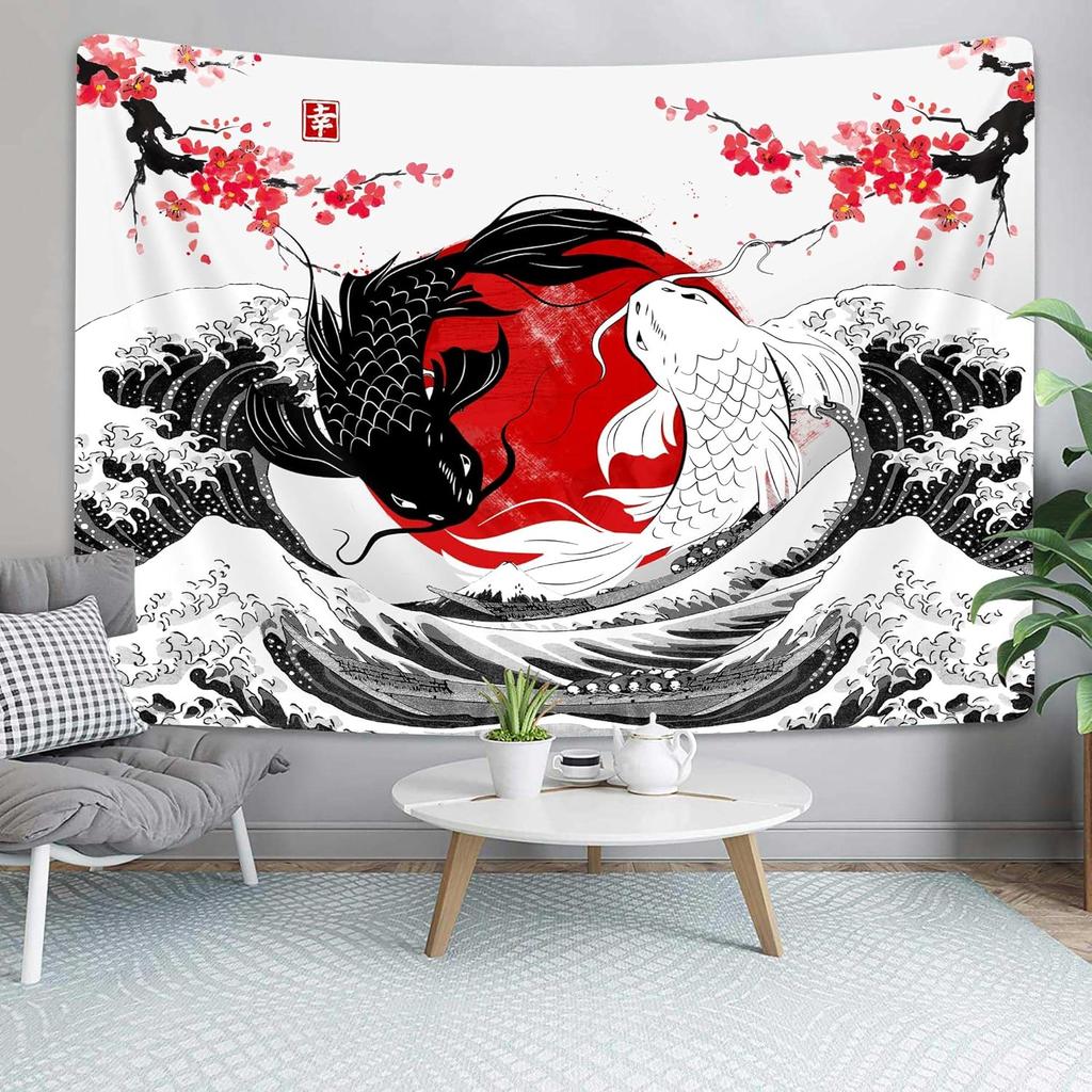 NYMB Japanese Anime Tapestry, Black and White Yin Yang Koi Fish Tapestry for Bedroom Aesthetic, Asian Wave Cherry Blossom Tapestries Poster Beach