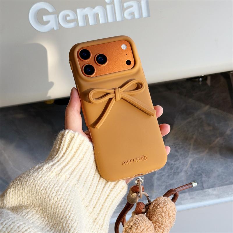 Silicone Stereo Bow With Love Lanyard Mobile Phone Case for Iphone 17/16/15 Pro Max Anti-Fall Protective Cover for Apple14 13 12
