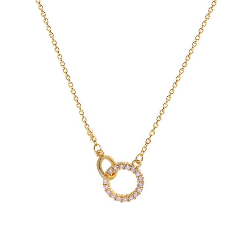 Luxus Mode Goldfarbe Edelstahl Zirkon Doppelring Anhänger Halsketten Für Frauen Charme Braut Halsband Party Schmuck Geschenk