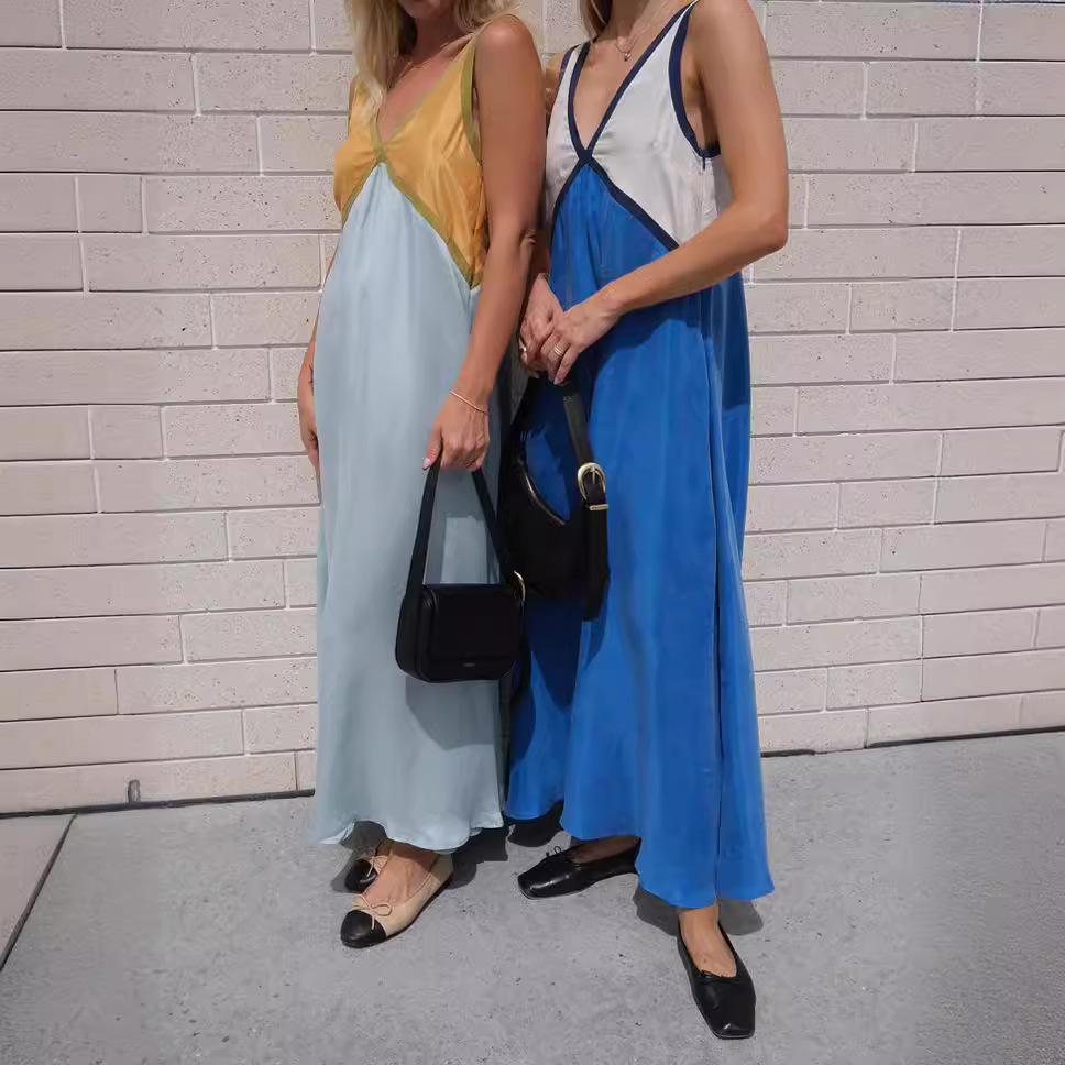 Women's Summer Color Block V Neck Sleeveless Tank Maxi Dress Loose Casual Vacation Beach Long Dress for Women