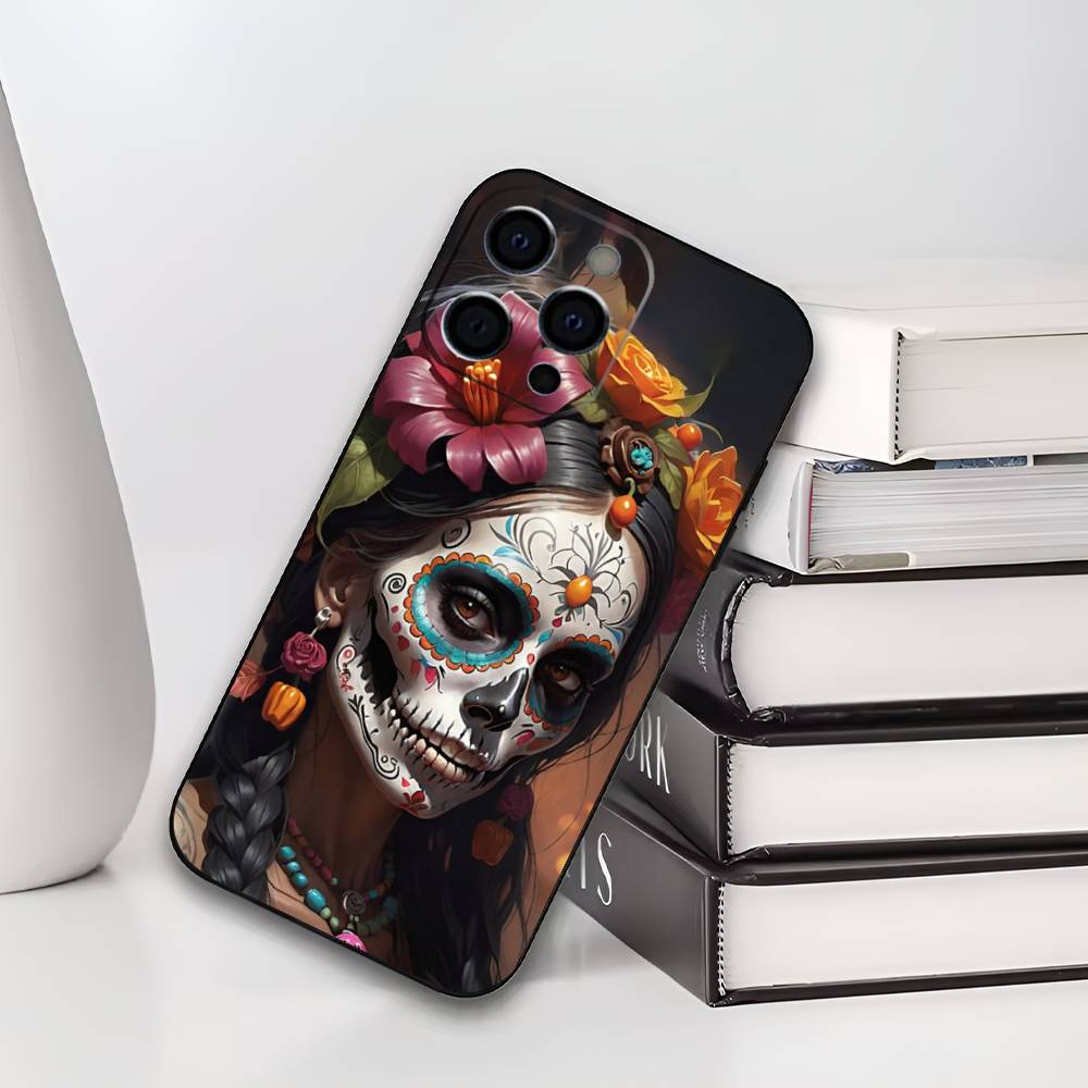 Day of the Dead Catrina Skull Phone Case For IPhone 17,16,15,14,13,12,11,Plus,Pro,Max,Plus,XS,soft Case Black Silicone