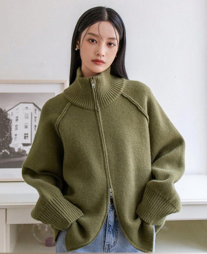 Solid Stand Collar Zip Knitted Cardigan Top Sweater Jacket