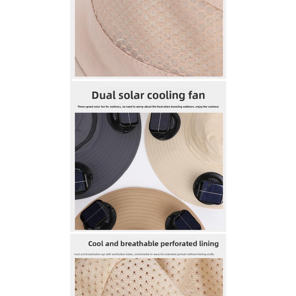 Men Solar Powered Dual Fan Hat, Summer Outdoor Mountaineering Fishing Sun Hat, Wide Brim Breathable UV Protection Fisherman Cap
