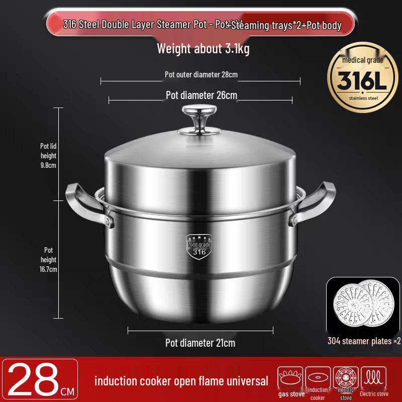 316 Stainless Steel High-Rise Steamer Pot, Extra Thick, Food-Grade, Large Capacity, Versatile 3-4 Layer Soup Pot