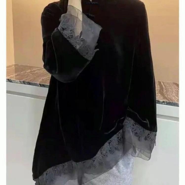 2024 New Chinoiserie Style Cheongsam Velvet Lace Jacquard Long Sleeve Top Stand Collar Slant Placket Button Spring Autumn Fashion Women