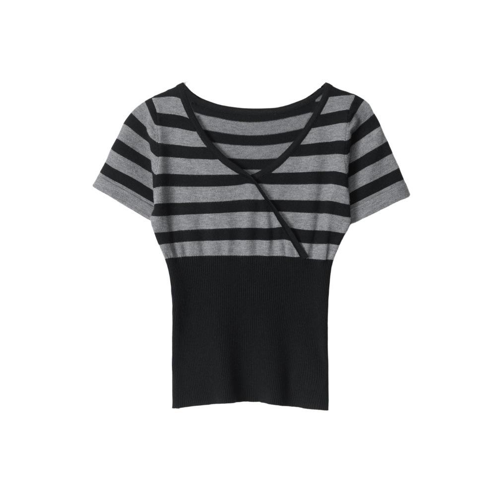 

HeyHenry Women s Vintage V-Neck Striped Patchwork Waist-Cinched Slimming Knit Top S чорний