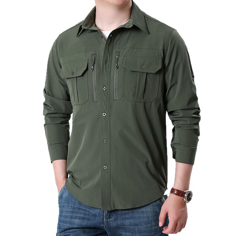Men's Quick-Dry Military Tactical Outdoor Shirt, Long-Sleeve, Elastic, Breathable, Multi-Pocket Workwear for Spring & Autumn