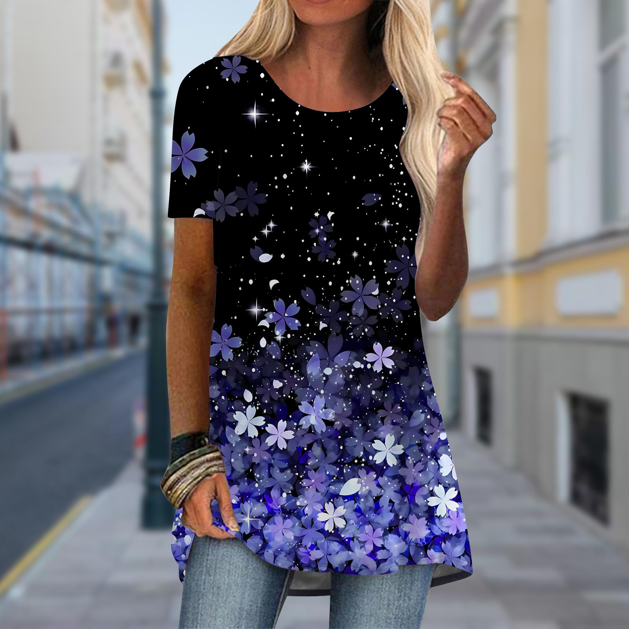

Плюс размер Женская весенняя футболка с принтом плавающих цветов, удобная, с коротким рукавом и круглым воротником, повседневная мешковатая футболка средней длины 8XL темно-синий