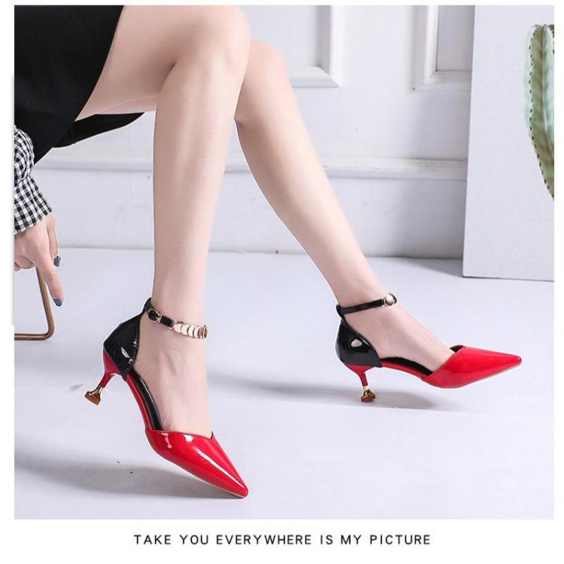 Moda Kadın Ayakkabı Kadın Pompaları Tatlı Sivri Burun Tokaları Kayış Sandalet Stiletto Topuklu Bayan Serin Kırmızı Parti Topuk Ayakkabı Artı Boyutu