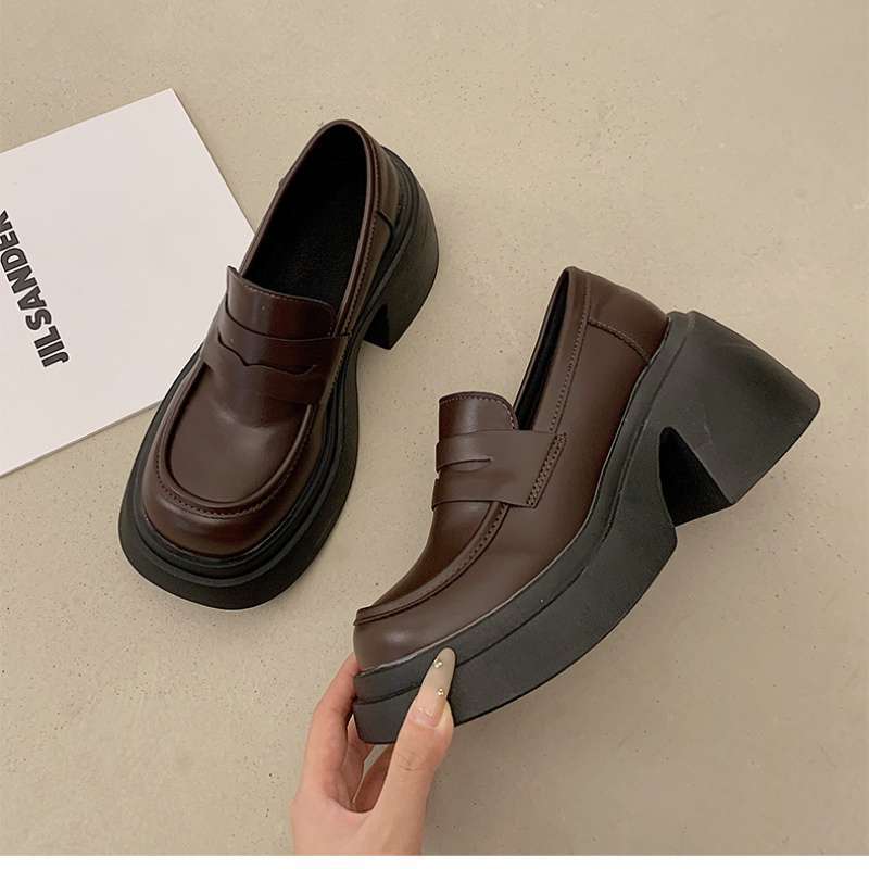 Platform British Style Small Leather Shoes Women's Thick Autumn High Heels One Pedal French Loafers Versatile Height-increasing Small Shoes