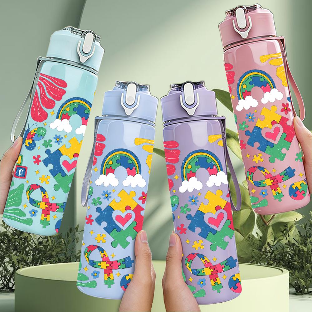 1PC Rainbow Flower Abstract Layout 750ml Color Plastic Water Bottle Leakproof Flip Straw Lid For Sports Office Home Use