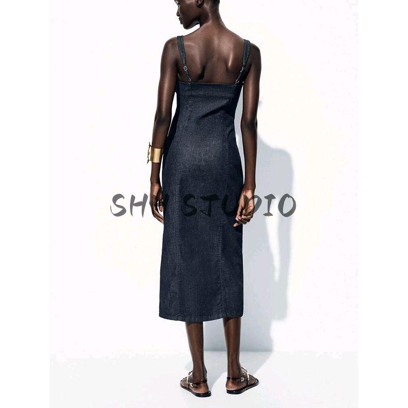 Summer New Product Women's Clothes Breasted Decorative round Neck Sleeveless Wide Shoulder Strap Denim Midi Skirt Dress 0779055