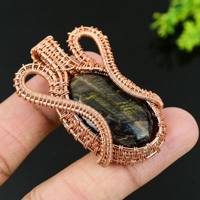 Natural Tiger Eye Gemstone Handmade Copper Wire Wrap Gift Pendant 2.25 B2s21