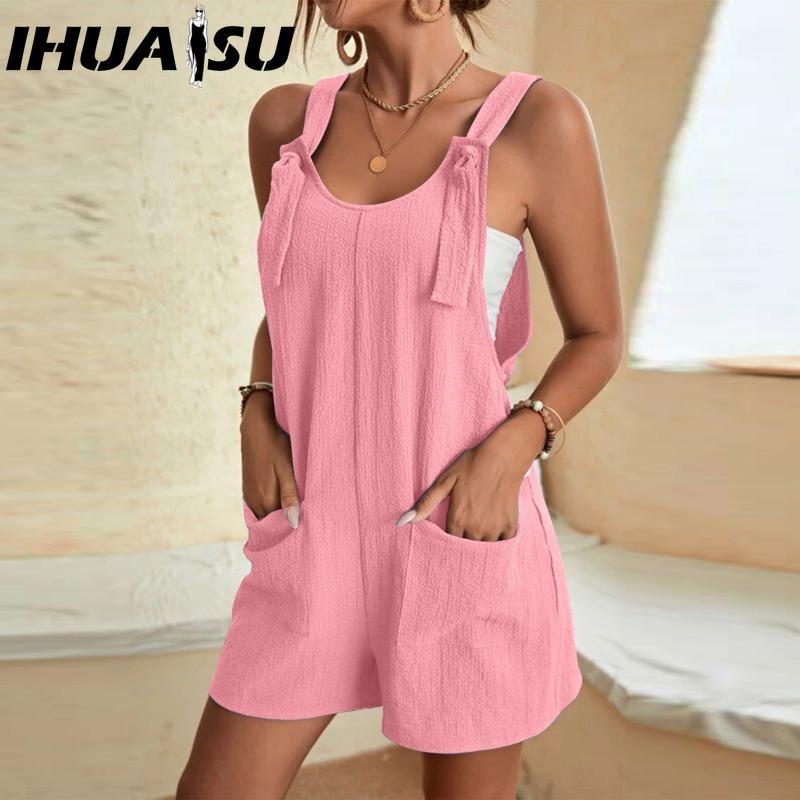 IHUASU Damenmode, lässig, einfarbig, bedruckt, Sommer, Frühling, ärmellos, Hosenträger, Hosen, Overalls und Strampler