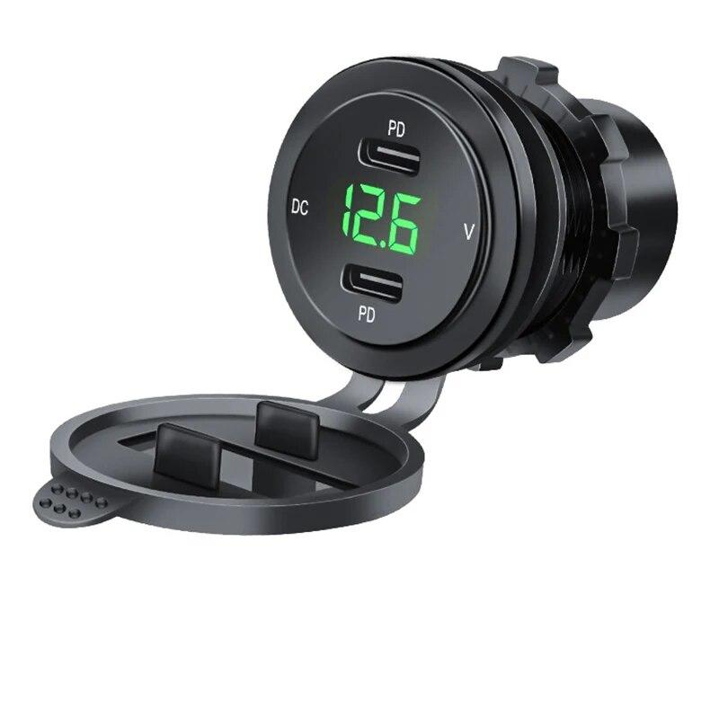 

20 Вт, два порта PD, тип C, автомобильное зарядное устройство, розетка 12 В со светодиодным вольтметром для автомобиля, автофургона, лодки, морского грузовика, мотоцикла зелёный