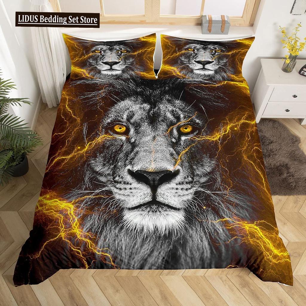 Lion Rose Duvet Cover Sets King Size Animal Floral Print Polyester Comforter Cover Nature Theme Bedding Set For Kids Adult Teens