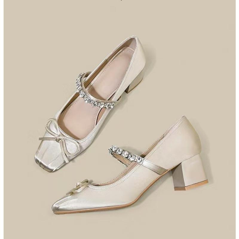 2025hot Sale New Spring Crystal Buckle Women Mary Jane Shoes Fashion Butterfly-knot Female Elegant Square Toe Thick Heel Shoes