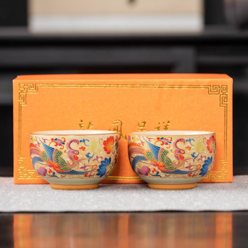 Set de cești Dragon și Phoenix, ceașcă unică cu glazură Ru, ceașcă de ceai de înaltă calitate pentru proprietar, poate hrăni ceștile de ceai, suvenir de lux ușor comemorativ pentru nuntă