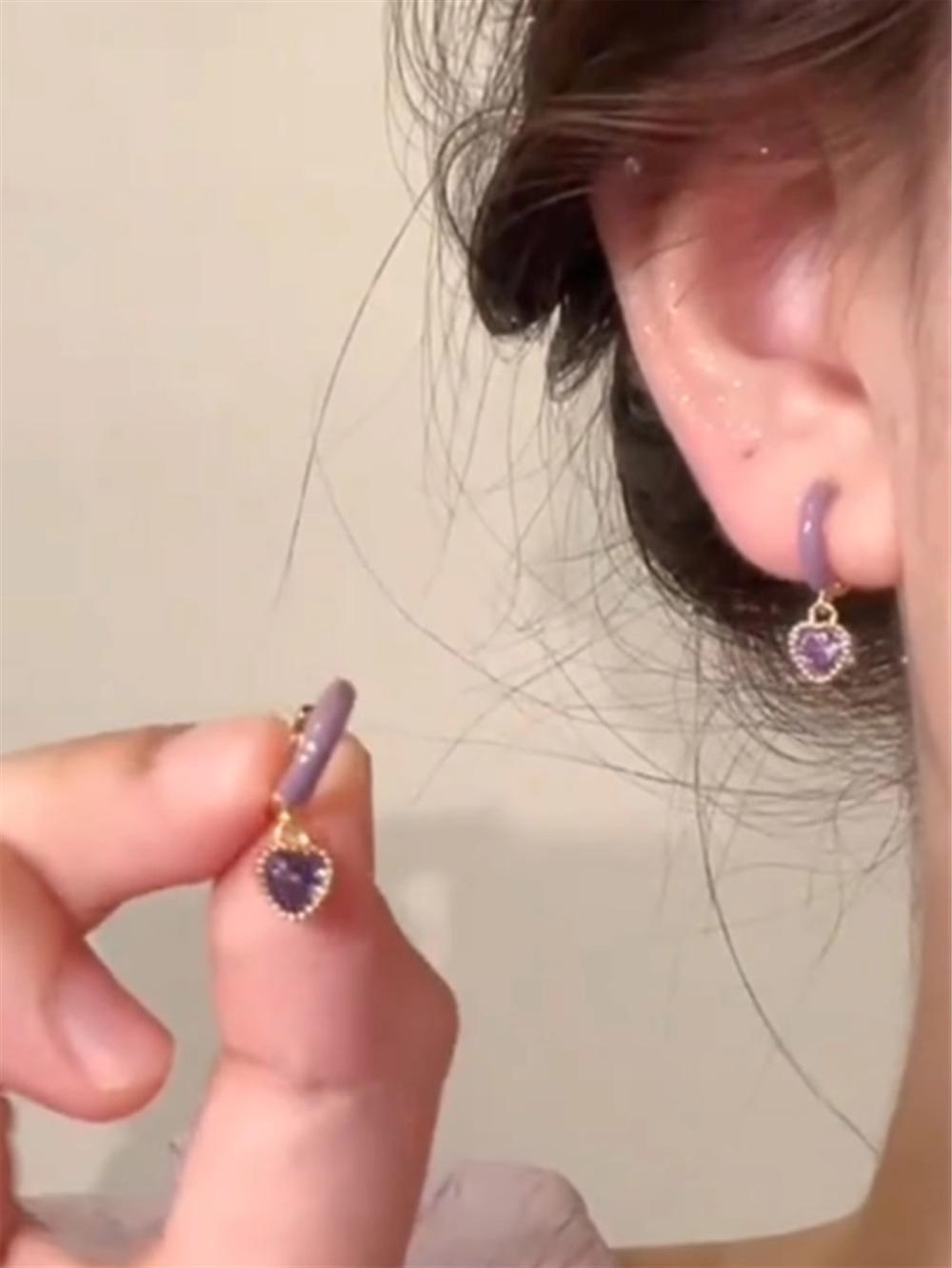 

YFEIFEIE Романтичные серьги-феи с фиолетовым кристаллом в форме сердца для женщин - Легкая роскошь, нежный и милый нишевый стиль