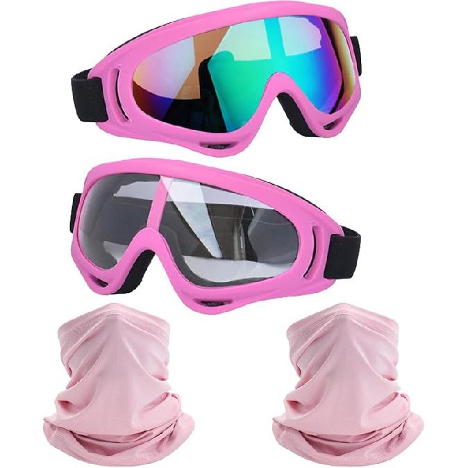 Motorcycle Goggles,2 Pack Dirt Bike ATV Motocross Riding Hiking Protective With 2 Pack Neck Breathable Bandana Mask Pink+mask