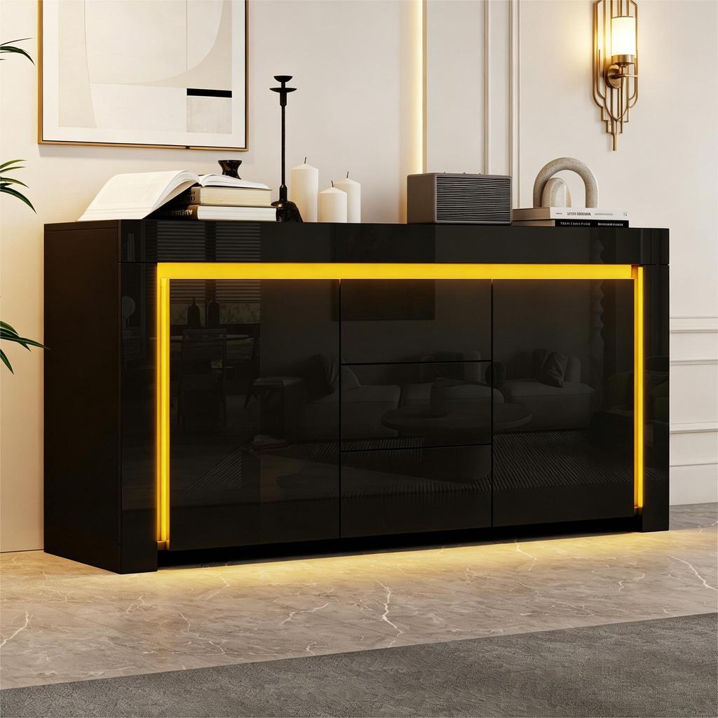 Mobile da soggiorno 140*40*65cm, Cassettiera con 3 cassetti, 2 ante, Mobiletto laterale laccato lucido con striscia luminosa a LED, Credenza con spazio contenitore, Nero