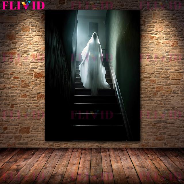 Dark Undead and Witch On Stairs and Penthouse Vintage Wall Art Oil Painting Horror Ghost and Devil Ai