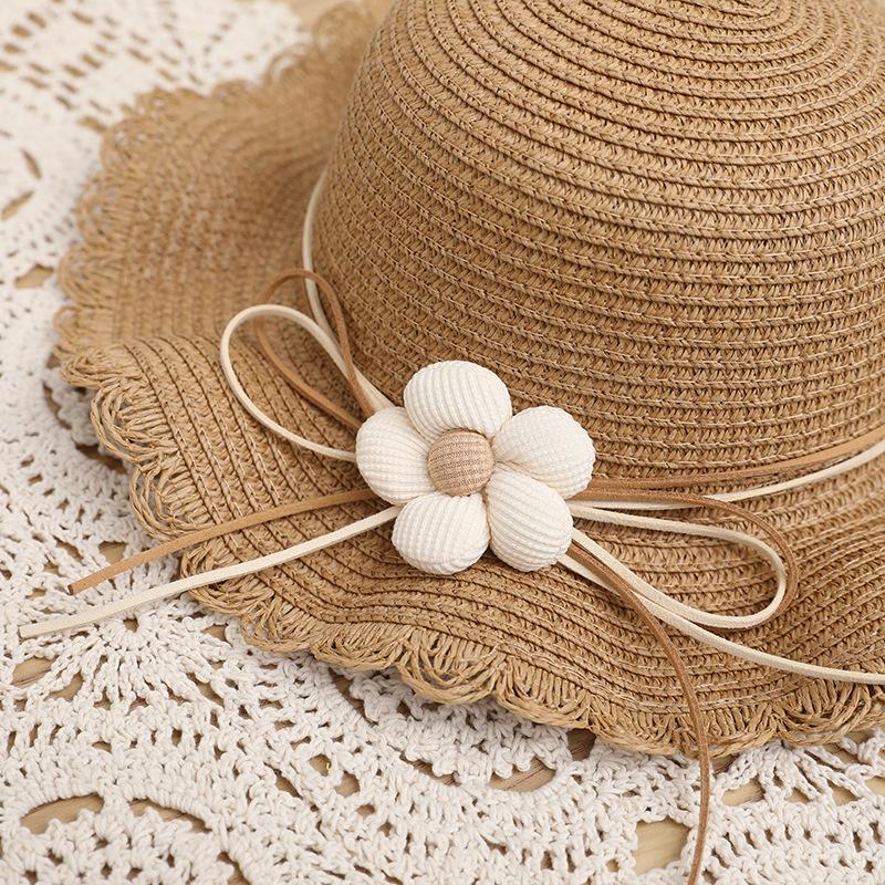 2PCS New Summer Cute Baby Girl Straw Hat Solid Color Lace RuffleKids Fisherman Outdoor Beach Caps SunshadeWide Brim Bucket Hats