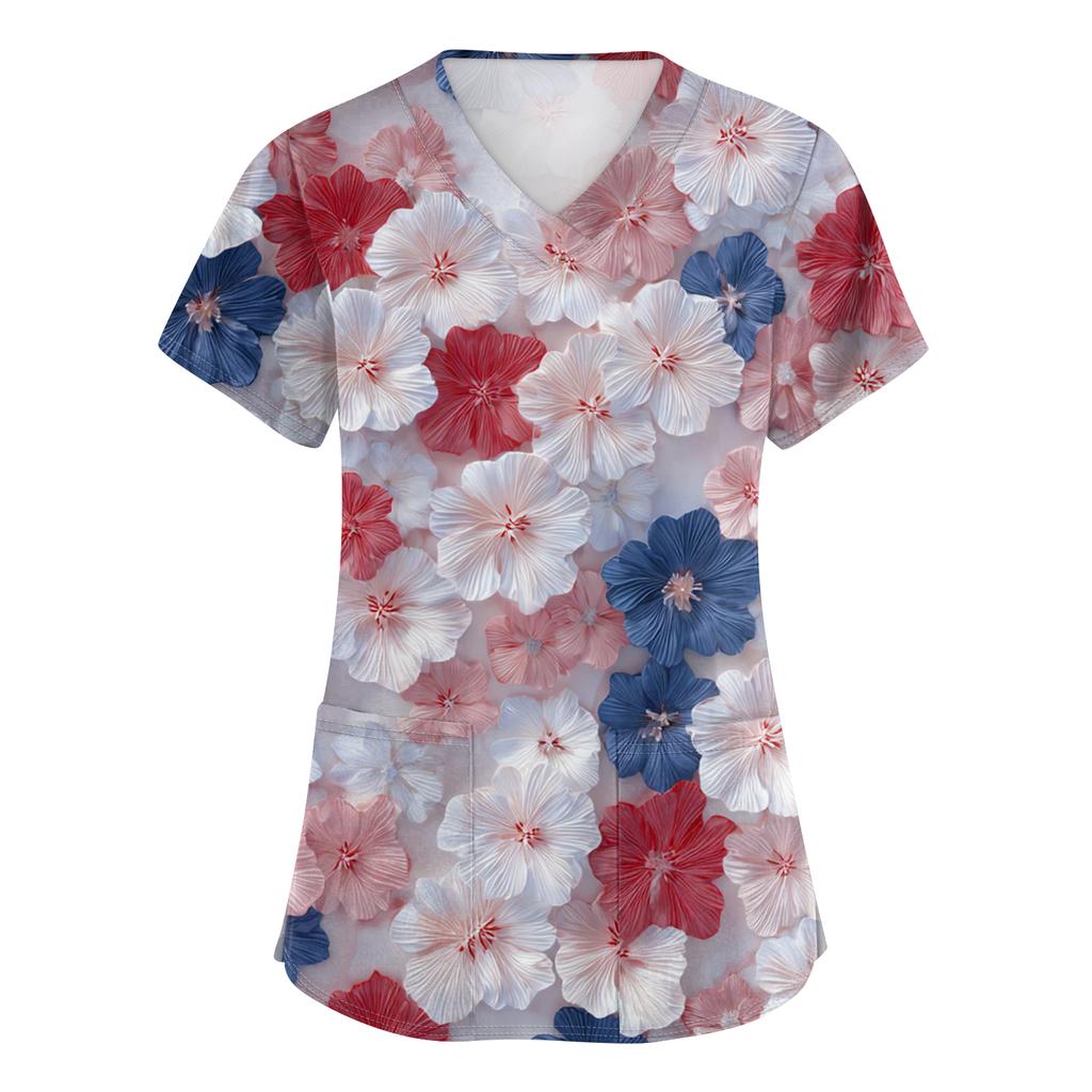 Women's Fashionable V-Neck Short-Sleeved Work Top With Pockets And Independence Day Print  Uniform