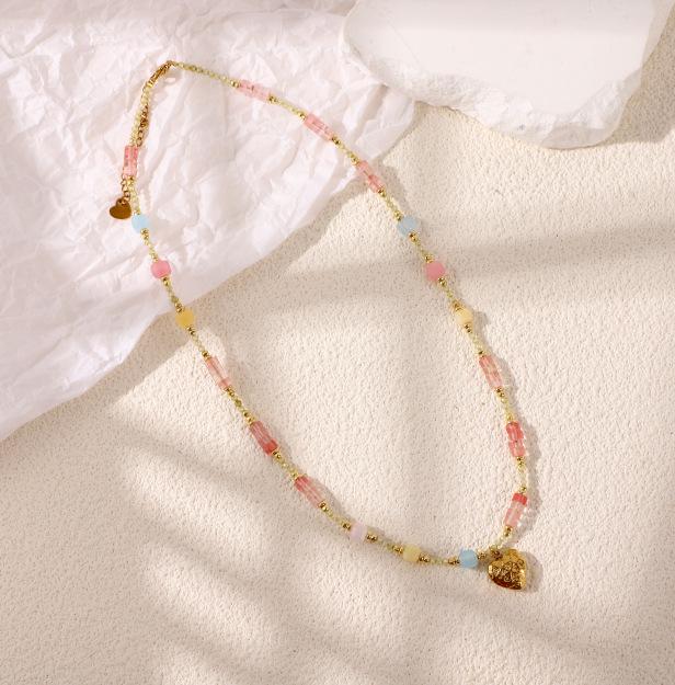 Korean Macaron Color Beaded Necklace with Heart and Floral Design