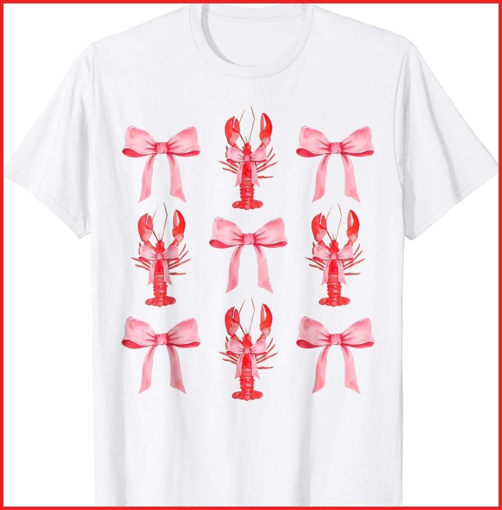 

Pink Bow Cute Coquette Crawfish Clean Girl Aesthetic White Cotton T-Shirt Unisex T-Shirt XXXL