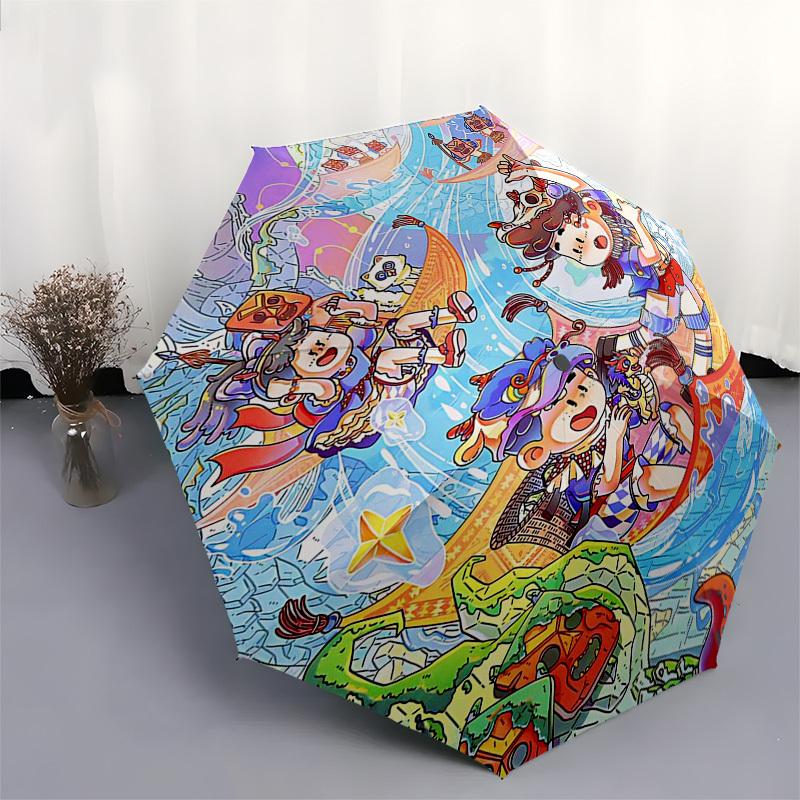 1pc Outdoor Umbrella with Dragon Boat Festival Characters - Automatic Opening/Closing, Portable Tri-Fold Design, 8-Rib Iron Frame - Perfect Gift